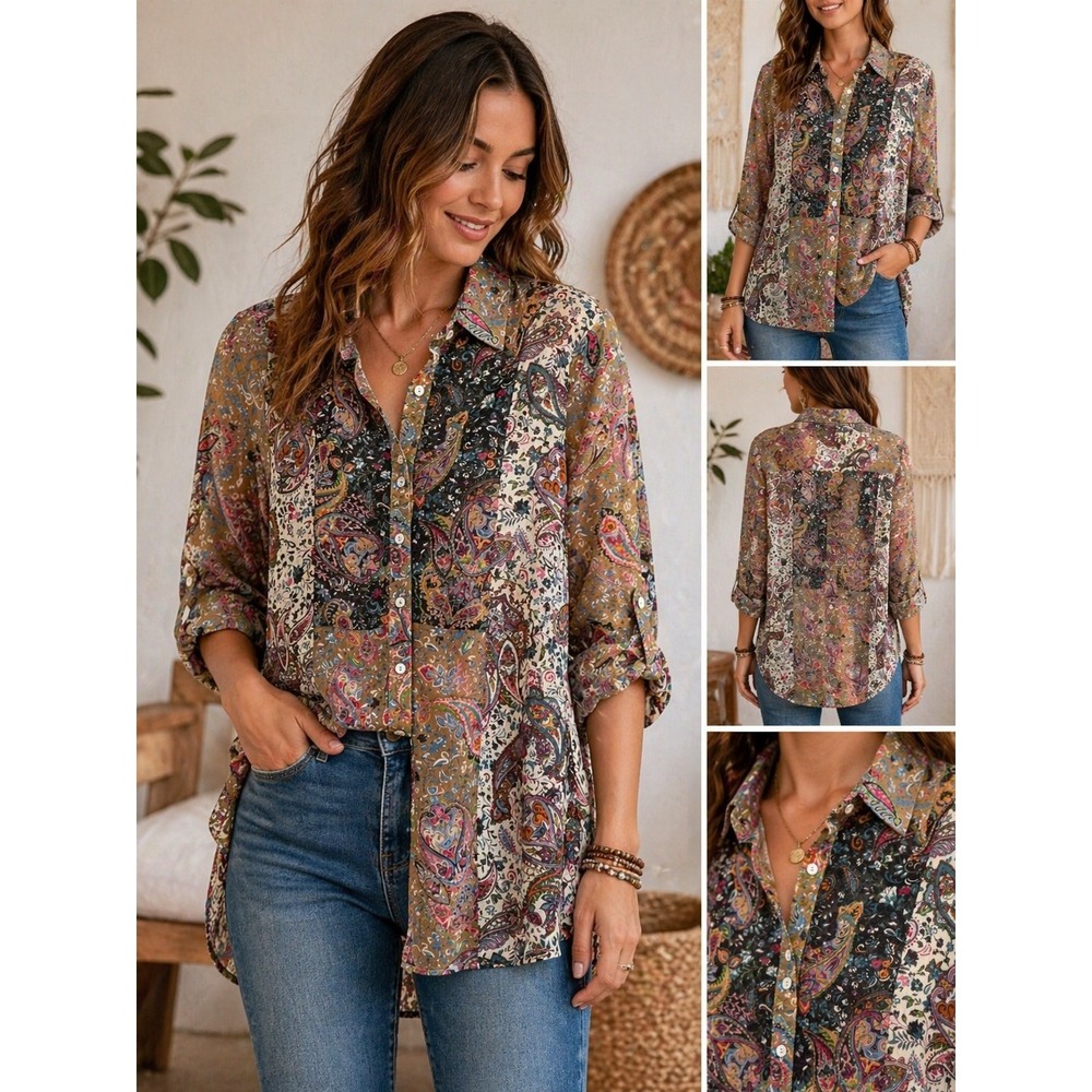 Women's Paisley Patchwork Button-Front Tunic Shirt - Multi Brown
